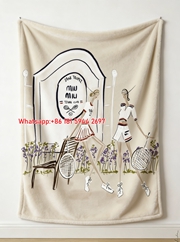 Miu Miu Saint Tropez Tennis Club Print Flannel Throw Blanket - White Navy Blue & Beige IMG_0602